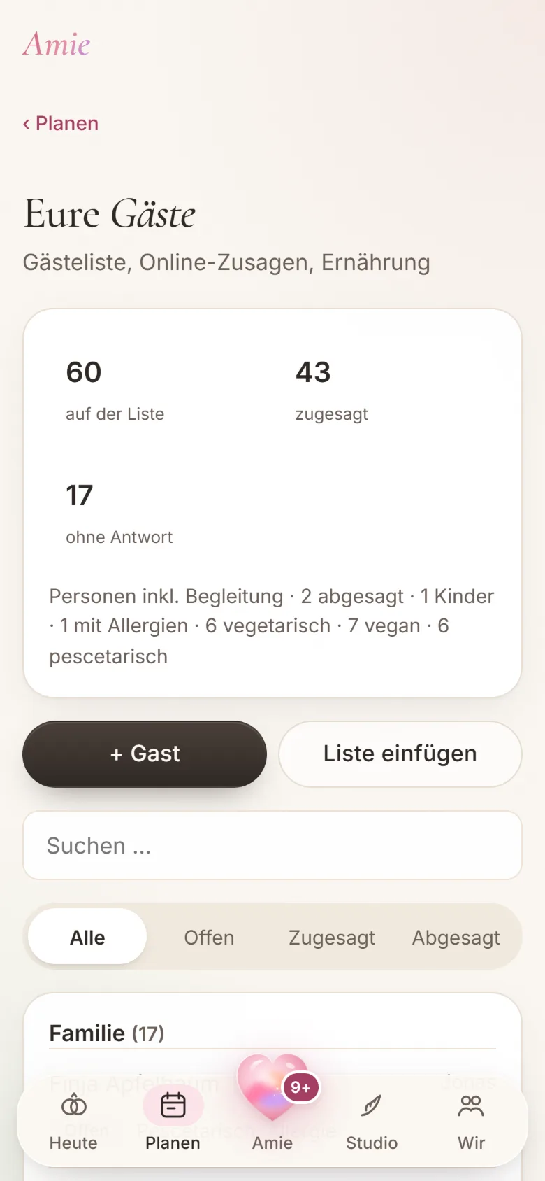 Gästeliste mit Zusagen, Absagen und Ernährungswünschen
