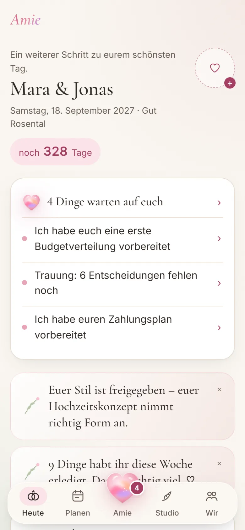 Heute: Countdown, vier Dinge warten auf euch, Amies vorbereitete Vorschläge
