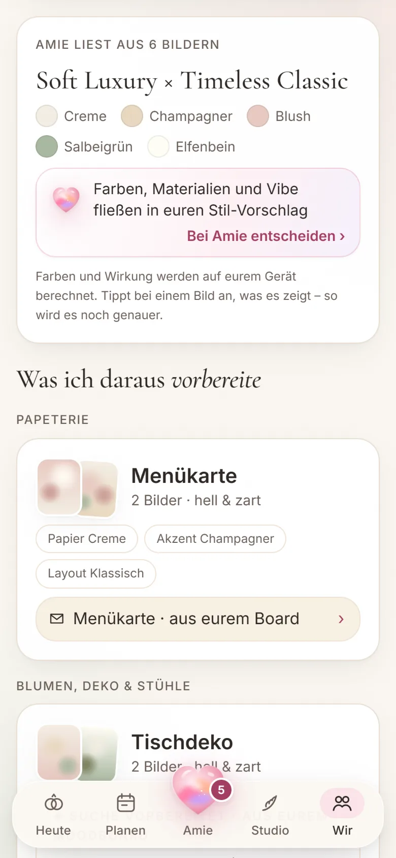 Moodboard: Amie liest aus sechs Bildern Stil und Farben und bereitet eine Menükarte im Look eures Boards vor