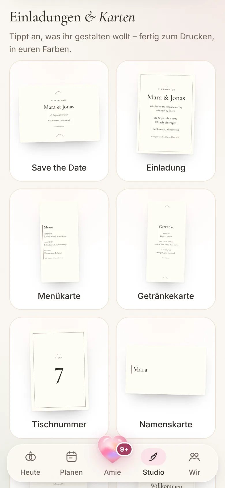 Studio: Einladungen und Karten mit Entwürfen für Save the Date, Einladung, Menü- und Getränkekarte